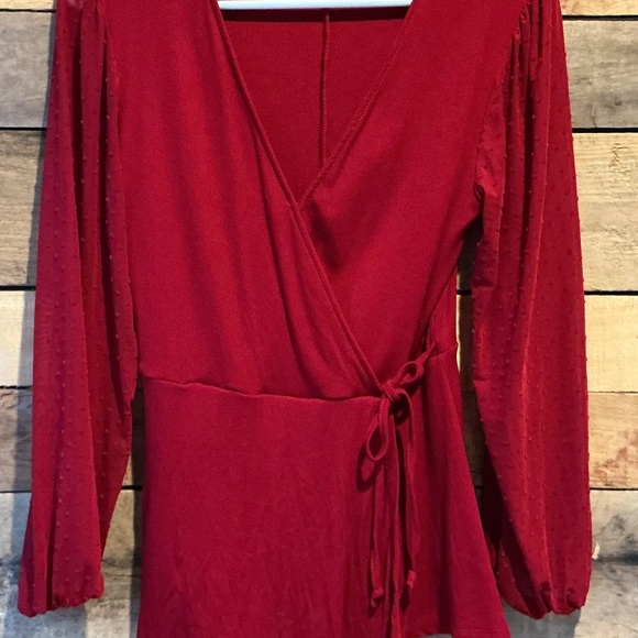 Maurice’s‎ M Red Wrap Blouse Sheer Swiss Dot Sleeves Romantic Holiday Coquette - Picture 2 of 11